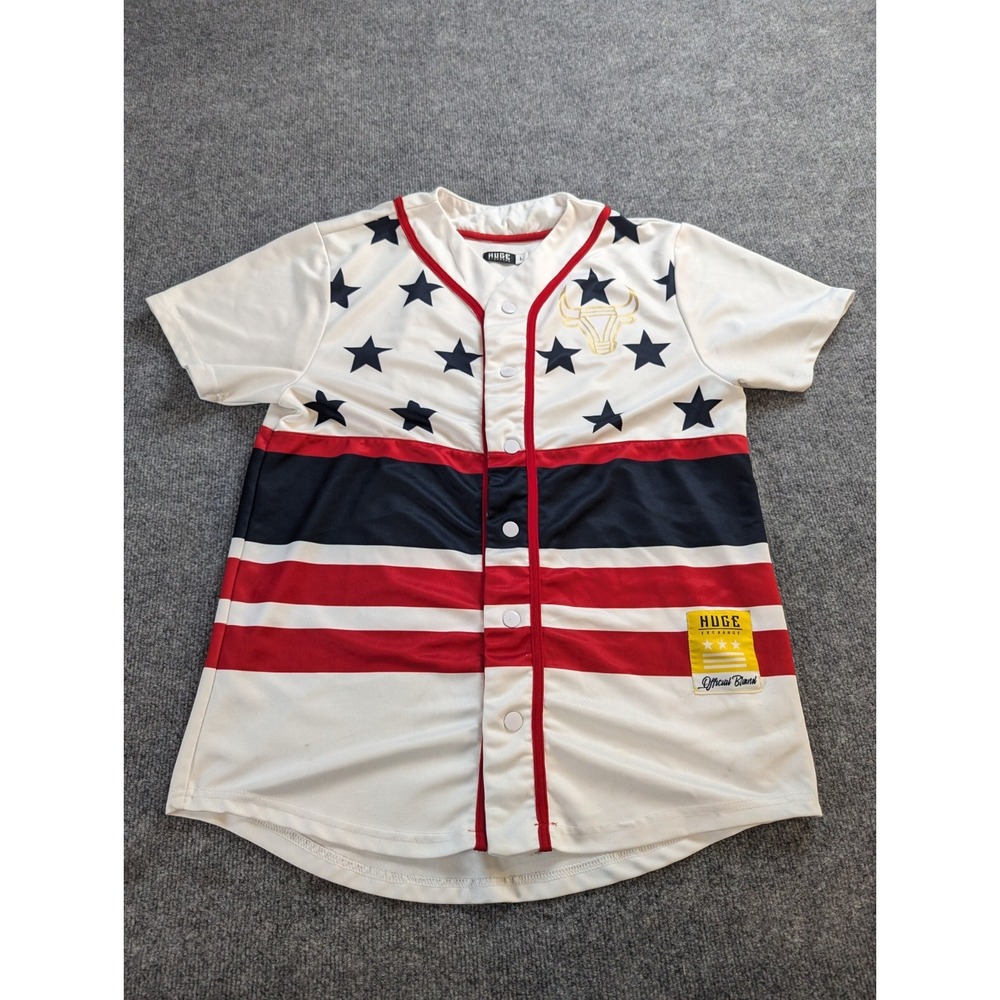 HUGE EXCHANGE JERSEY Mens L   STARS SND STRIPES, SNAP BUTTONS Patriotic